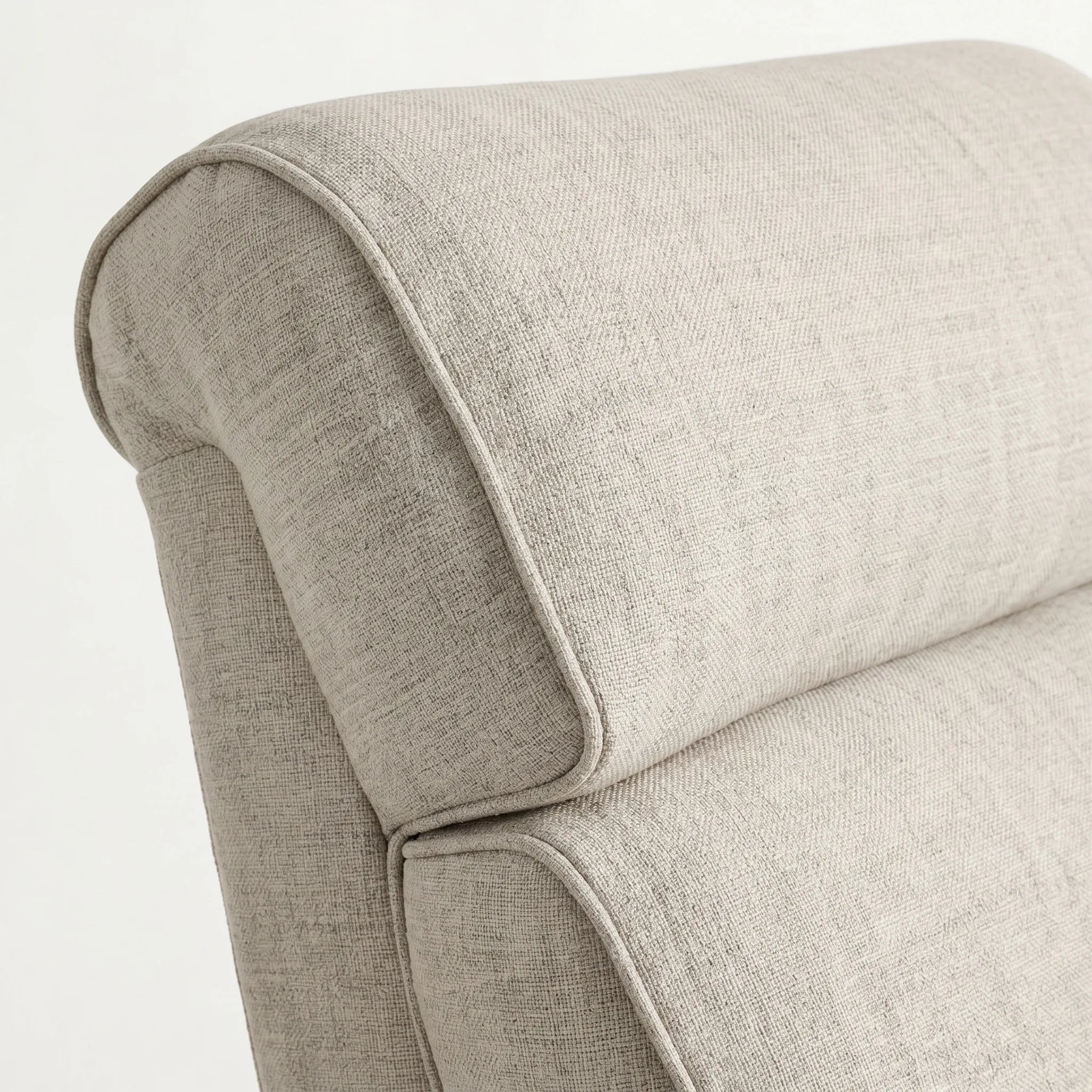 Close-up of the Big & Tall oatmeal gray plush fabric whiskey barrel recliner headrest and cushion, on a white background