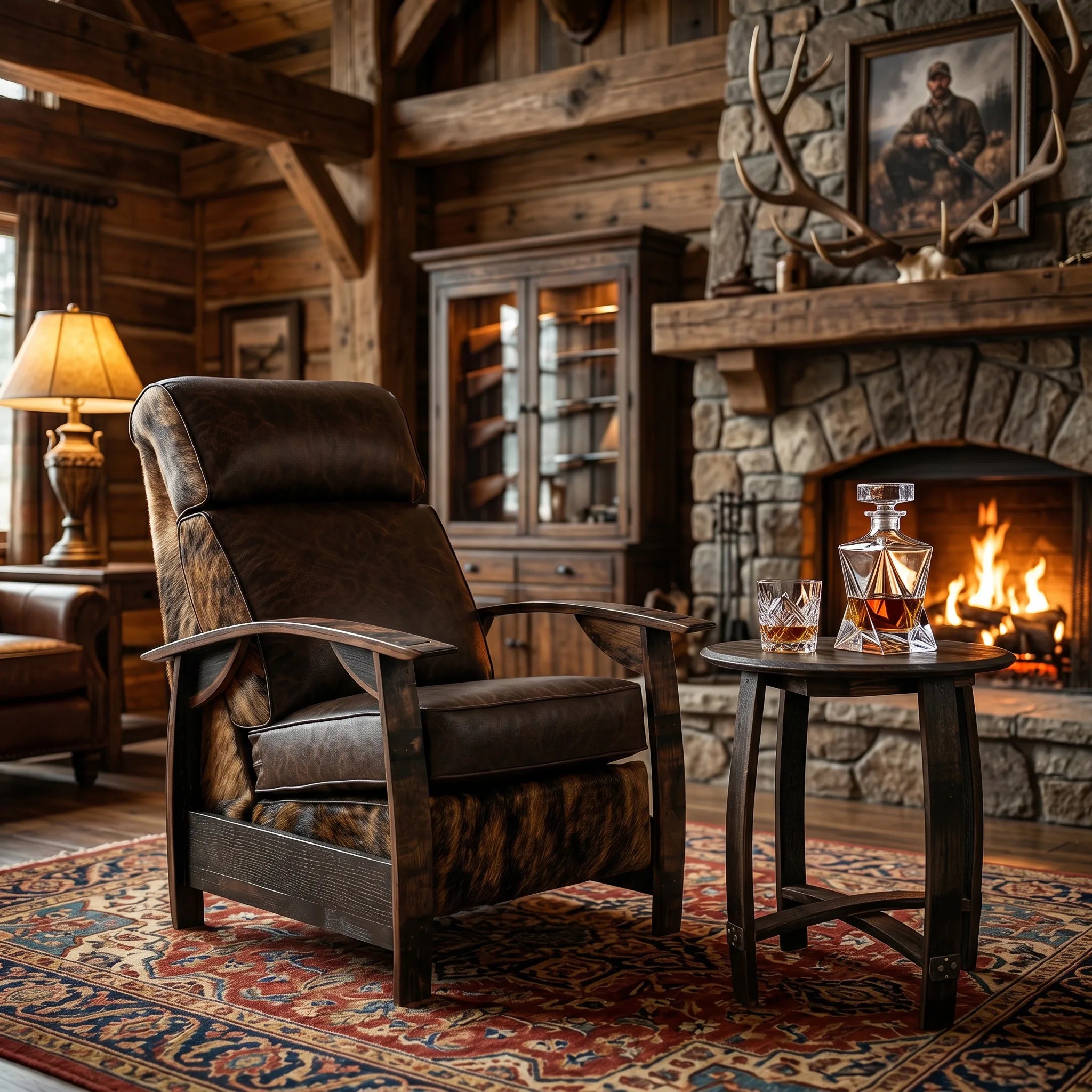 Brindle cowhide whiskey barrel recliner styled in a hunting lodge den