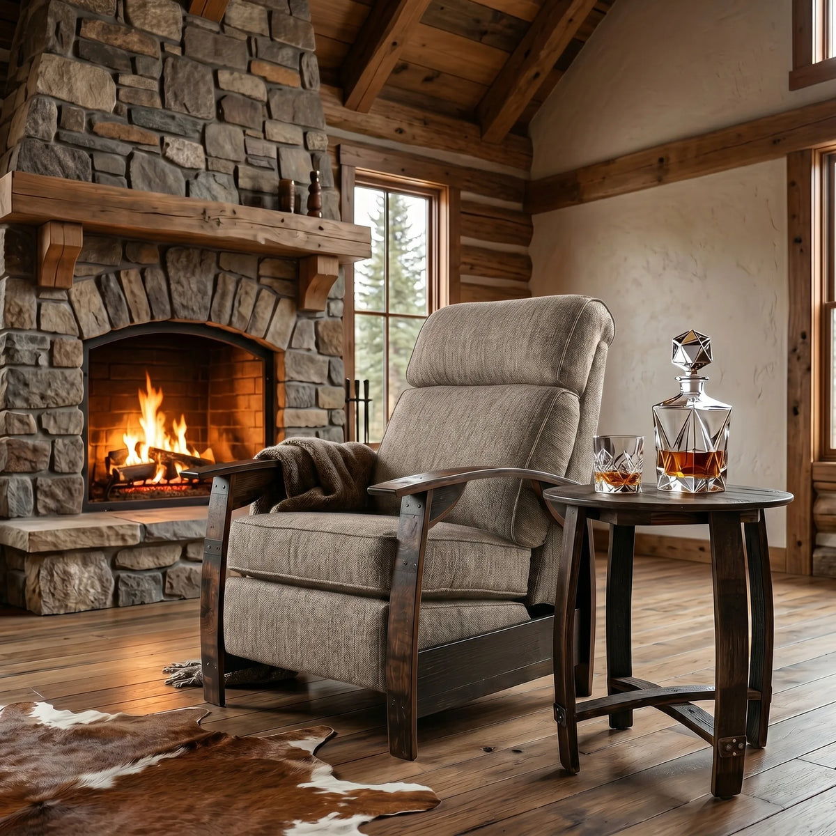 Coffee brown plush fabric whiskey barrel recliner styled in a mountain cabin great room