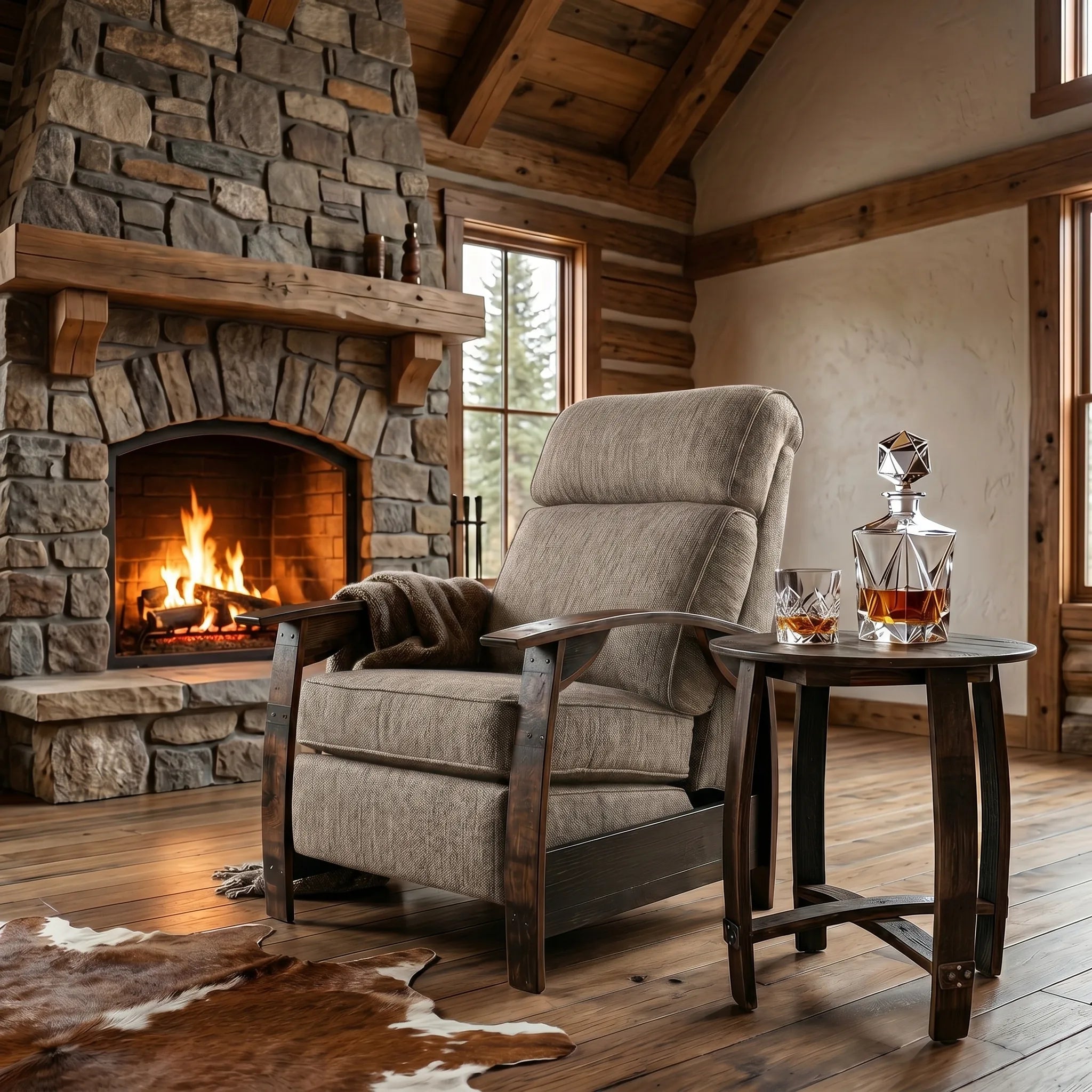Coffee brown plush fabric whiskey barrel recliner styled in a mountain cabin great room