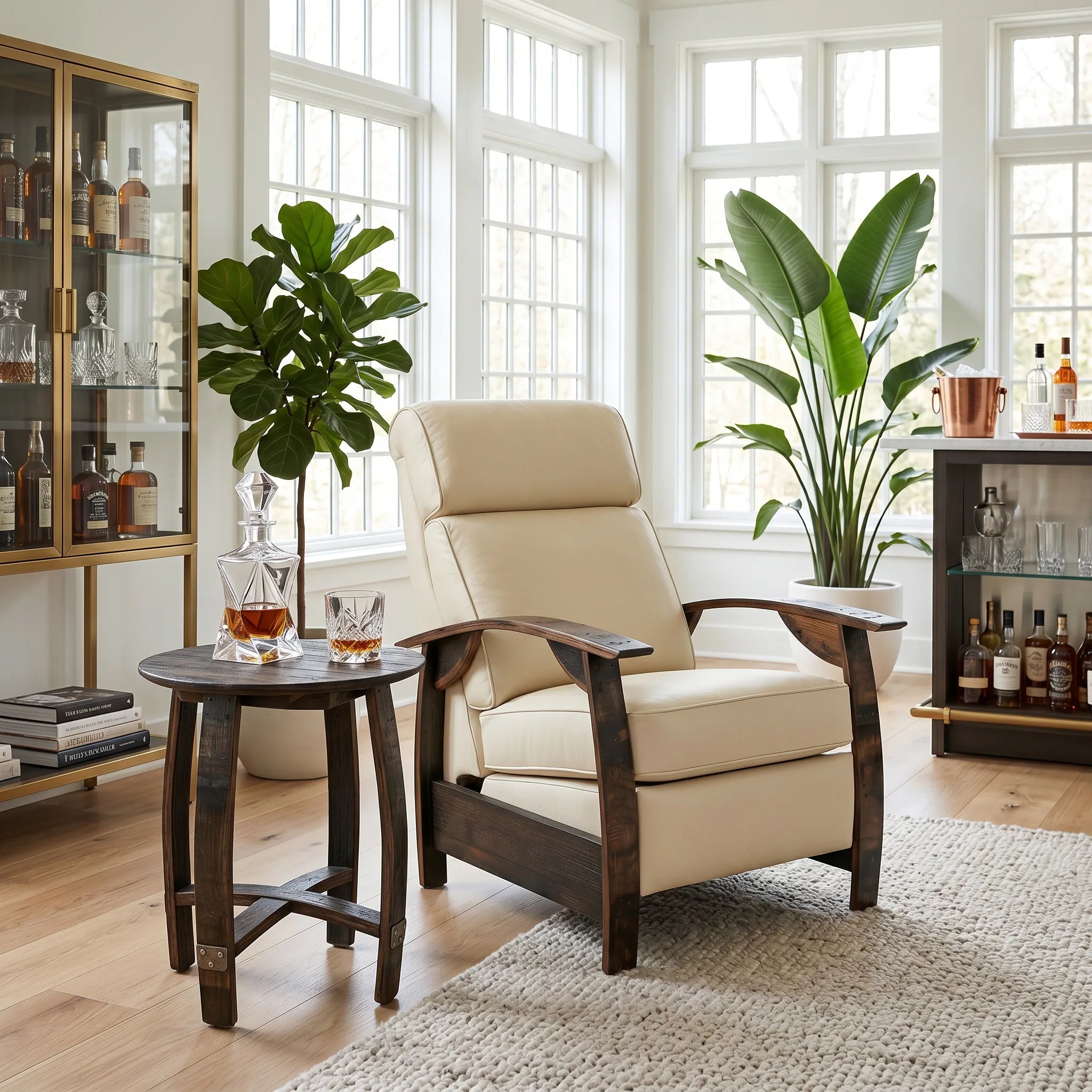 Cream ivory leather whiskey barrel recliner styled in a bright sunroom lounge