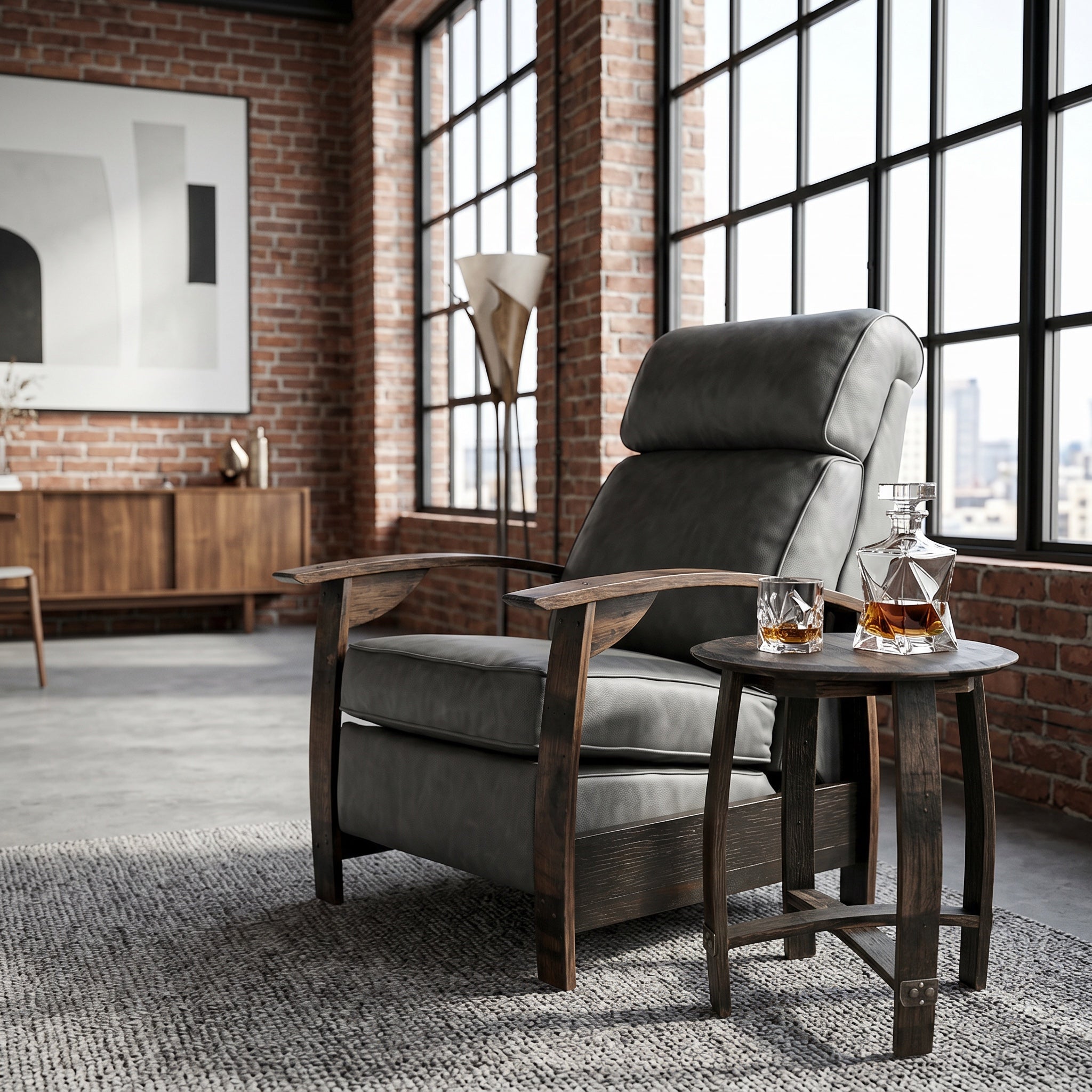 Slate gray leather whiskey barrel recliner styled in an industrial loft living room