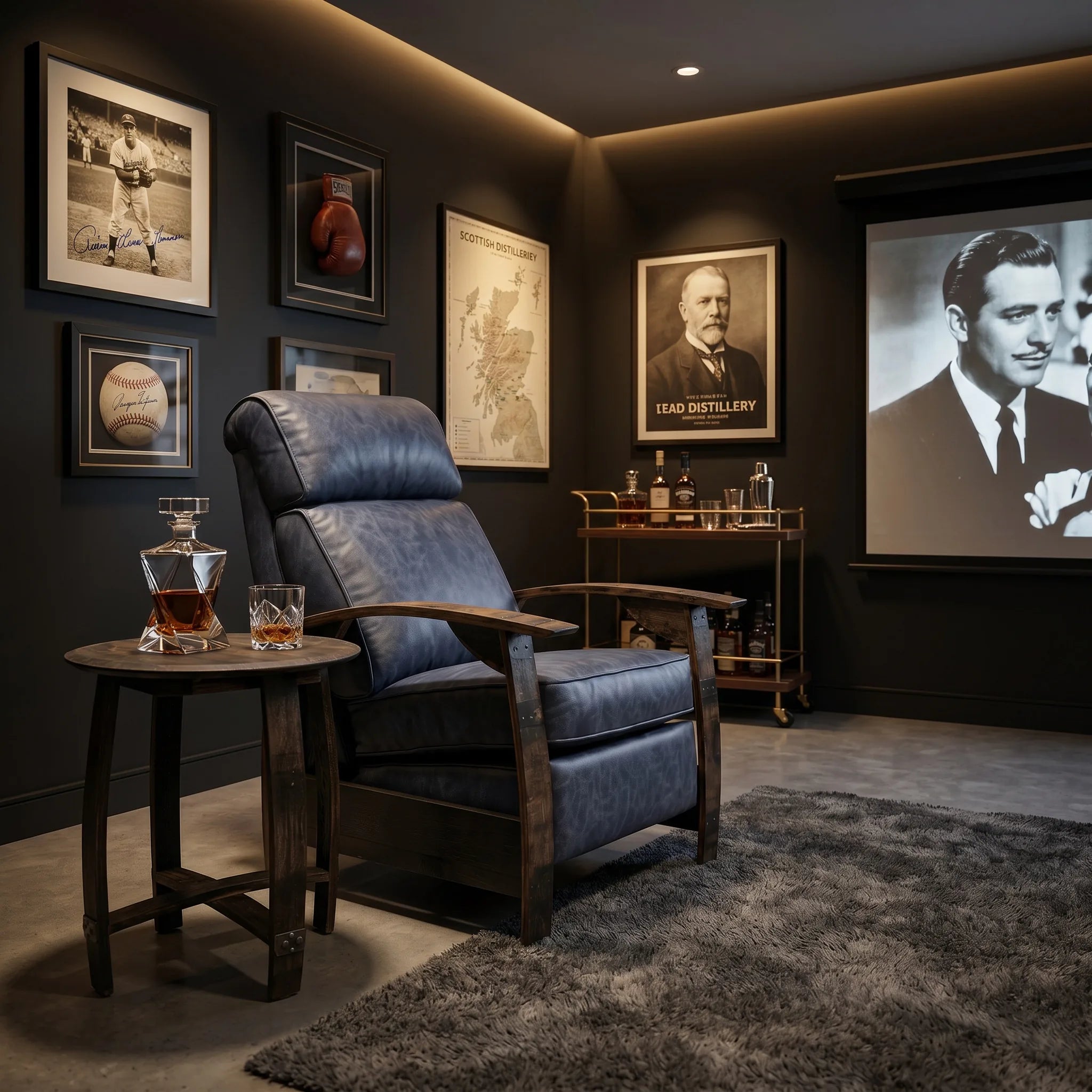 Denim blue leather whiskey barrel recliner styled in a basement media room man cave