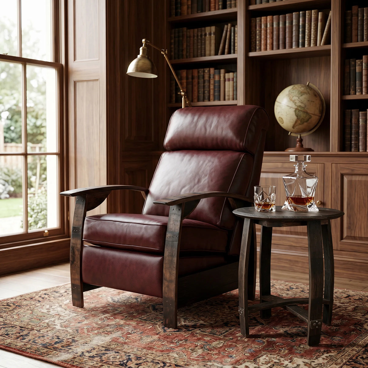 Oxblood leather whiskey barrel recliner styled in a wood-panelled library