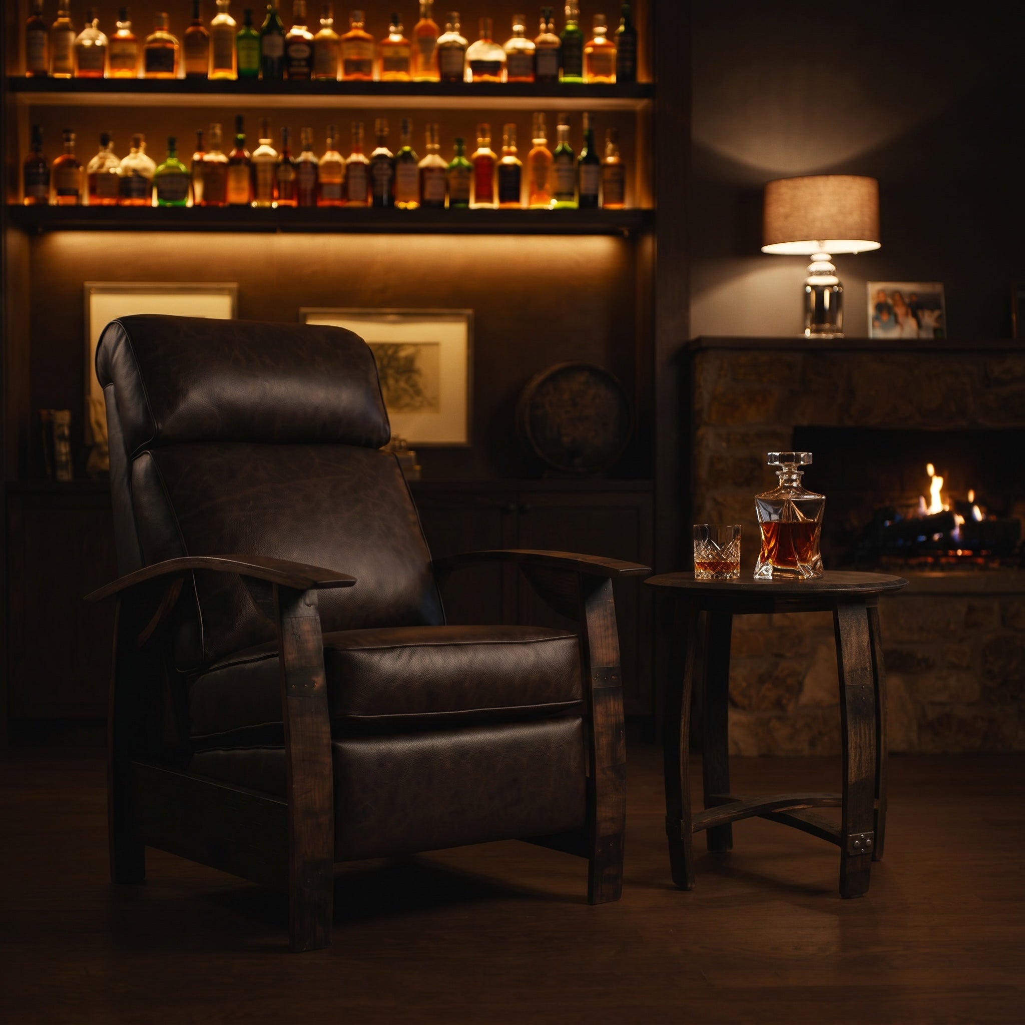 Cognac brown leather whiskey barrel recliner styled in a home whiskey den