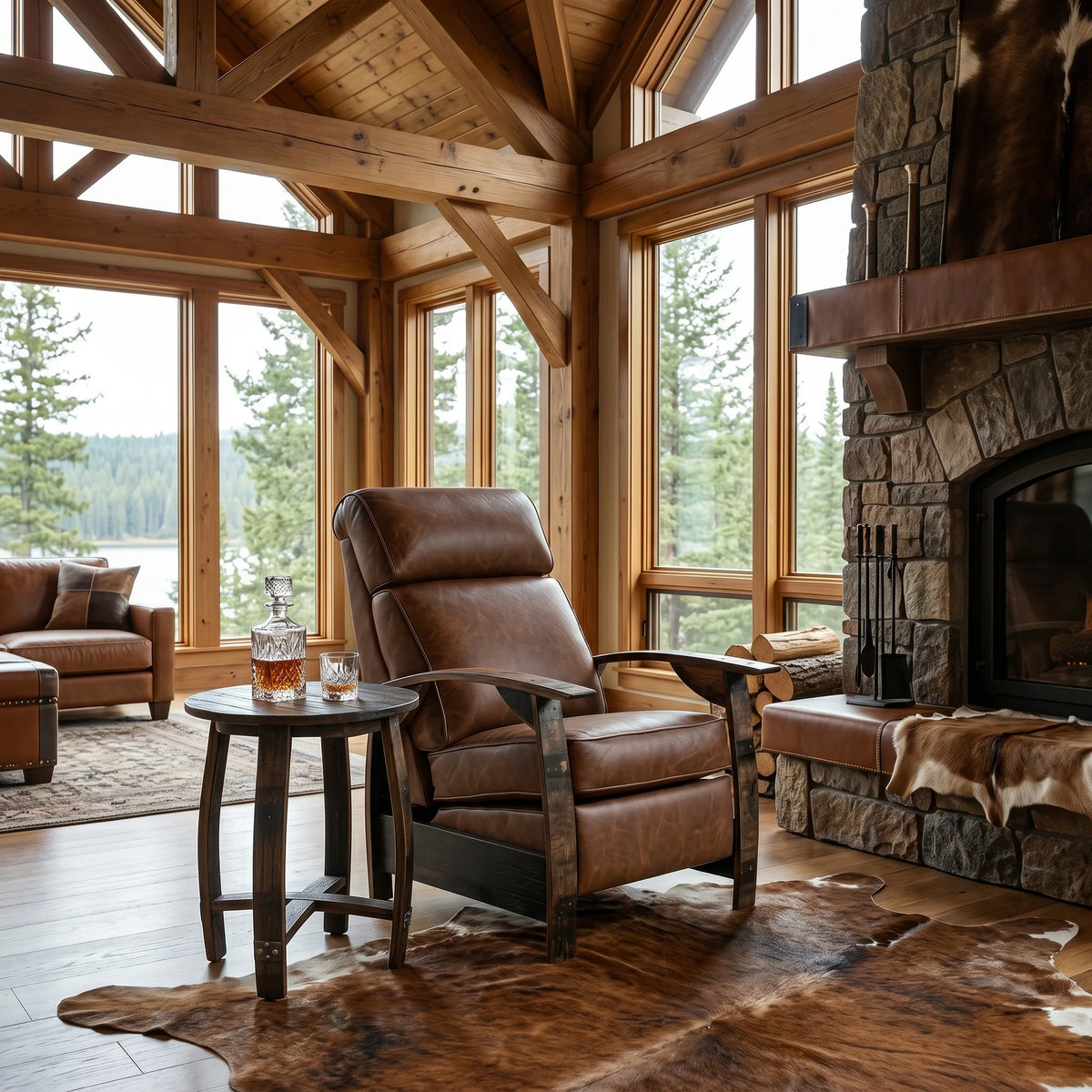 Whiskey-brown leather whiskey barrel recliner styled in a rustic lodge living room
