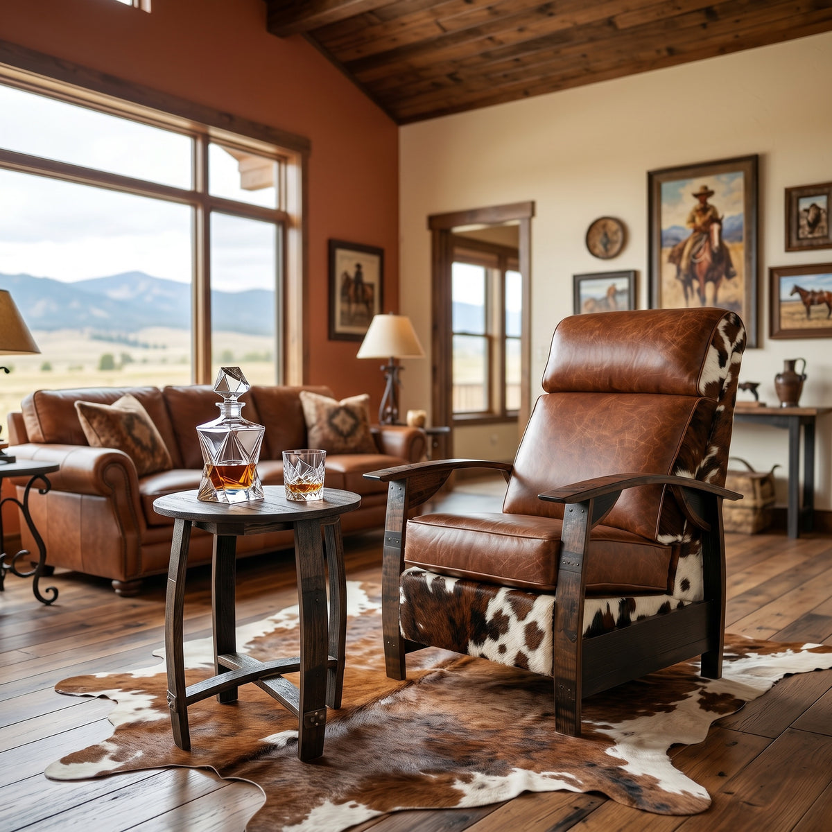 Tri-color cowhide whiskey barrel recliner styled in a western ranch living room