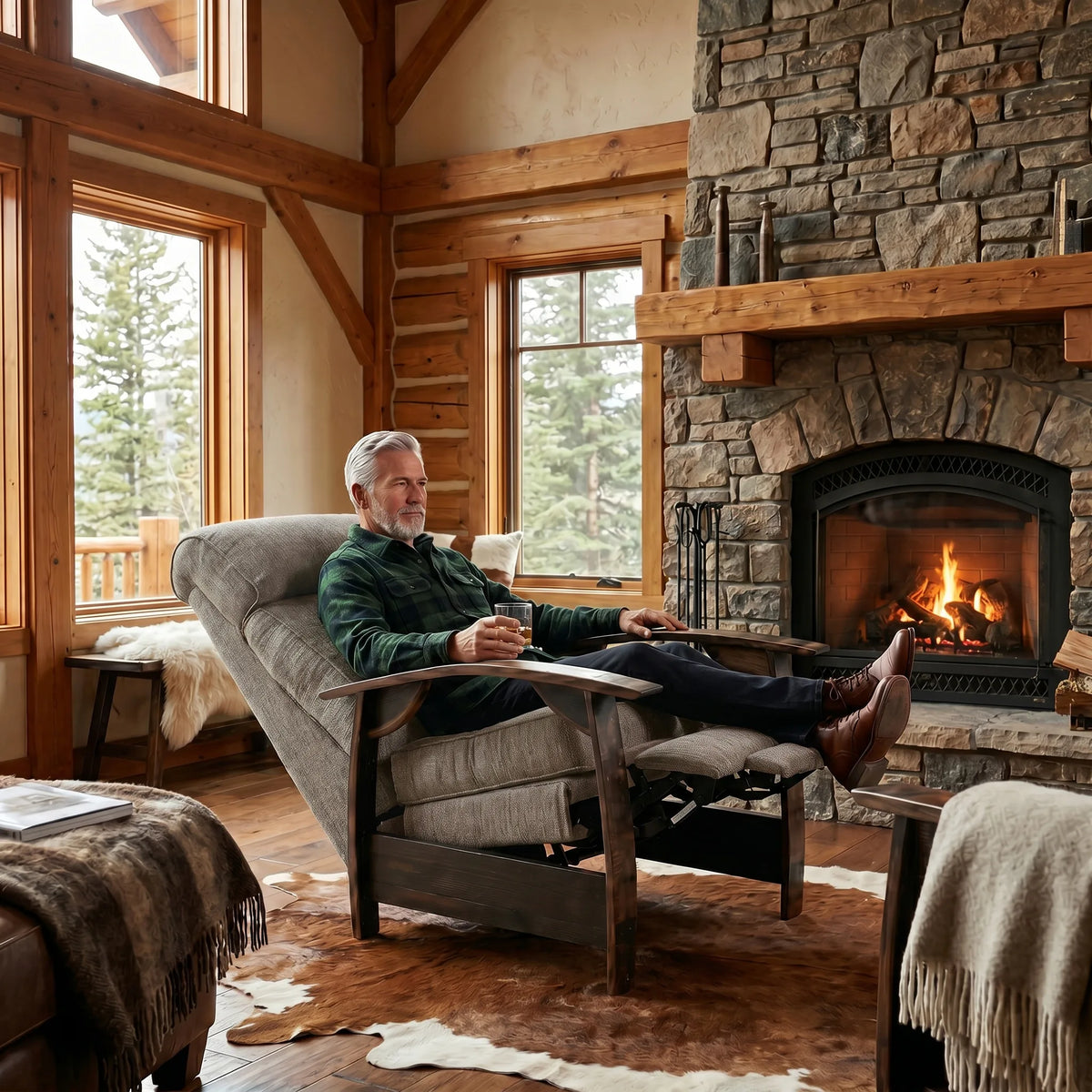 Man relaxing in a coffee brown plush fabric whiskey barrel recliner in a mountain cabin great room
