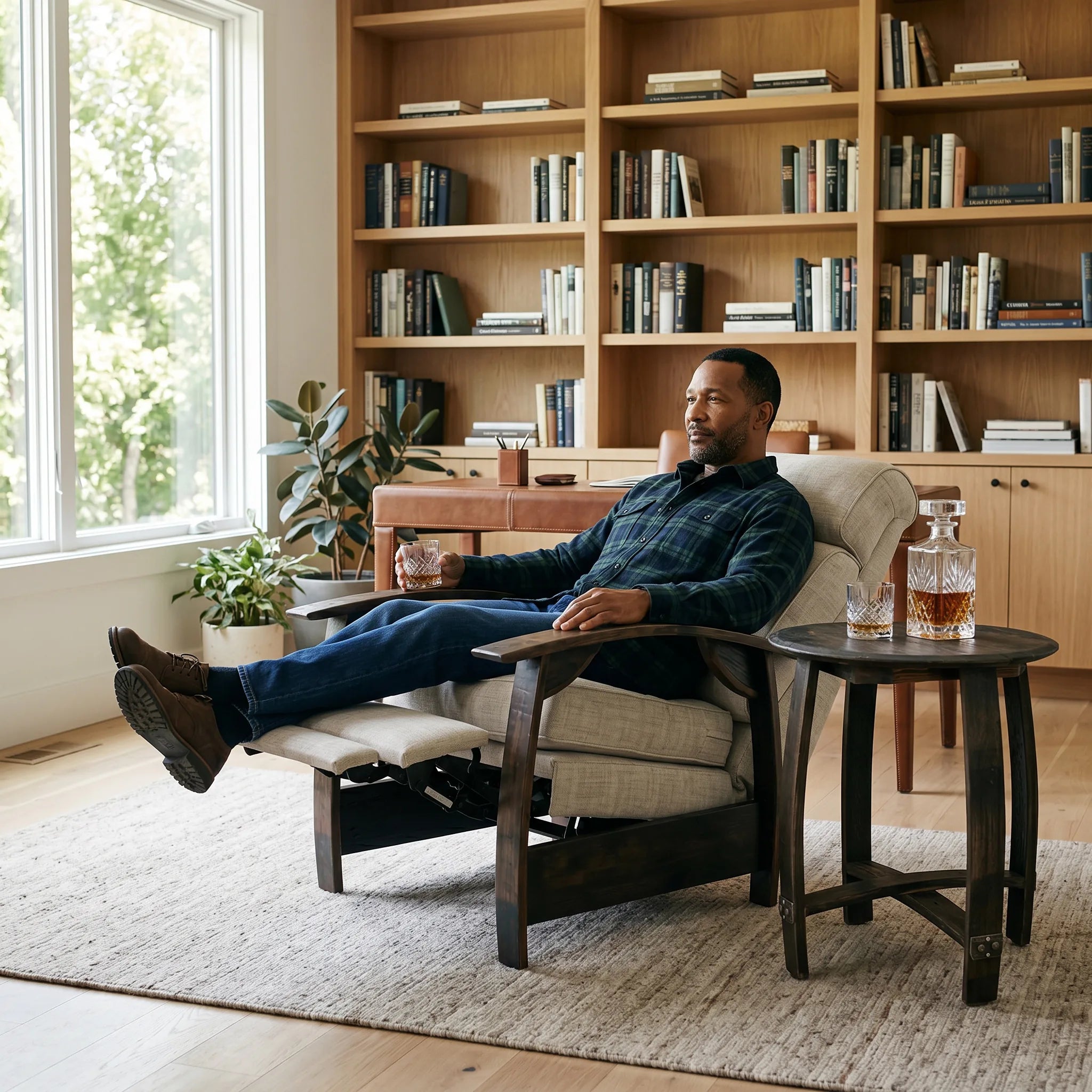 Man relaxing in an oatmeal gray plush fabric whiskey barrel recliner in a sunlit home study
