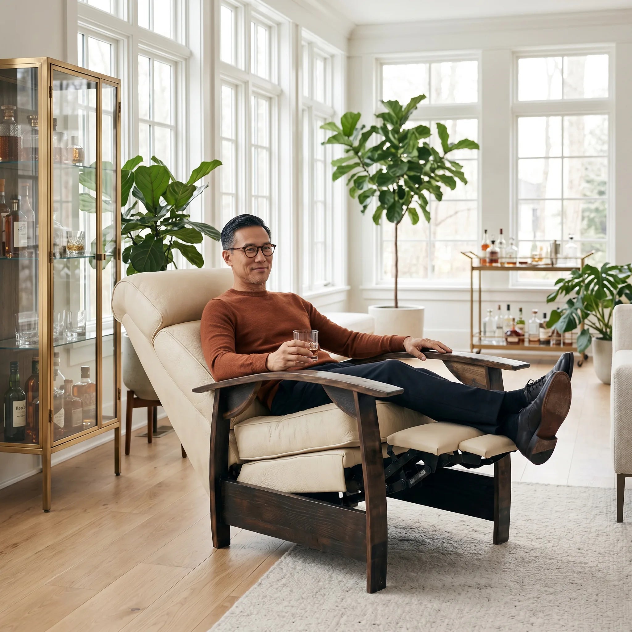 Man relaxing in a cream ivory leather whiskey barrel recliner in a bright sunroom lounge