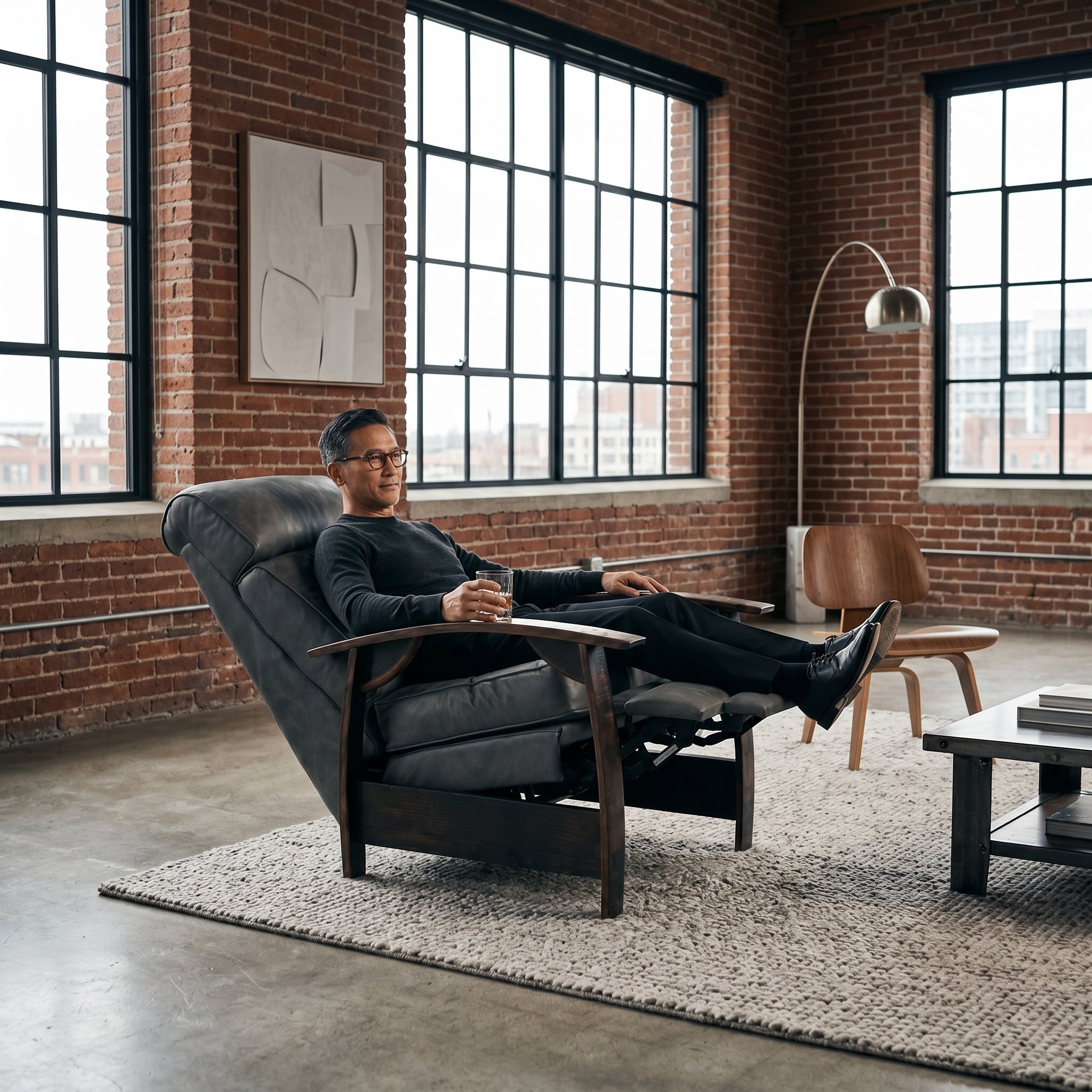 Man relaxing in a slate gray leather whiskey barrel recliner in an industrial loft living room