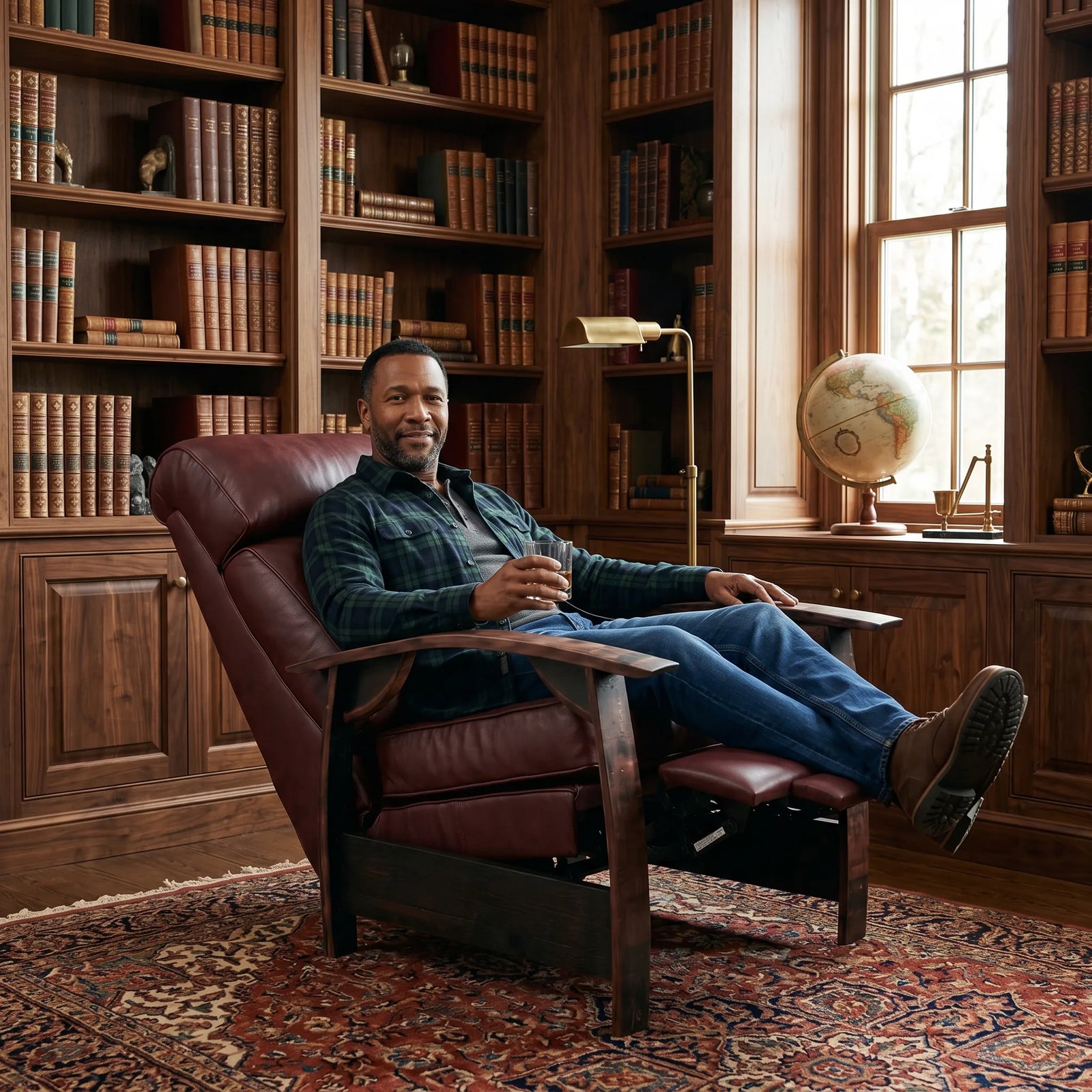 Man relaxing in an oxblood leather whiskey barrel recliner in a wood-panelled library
