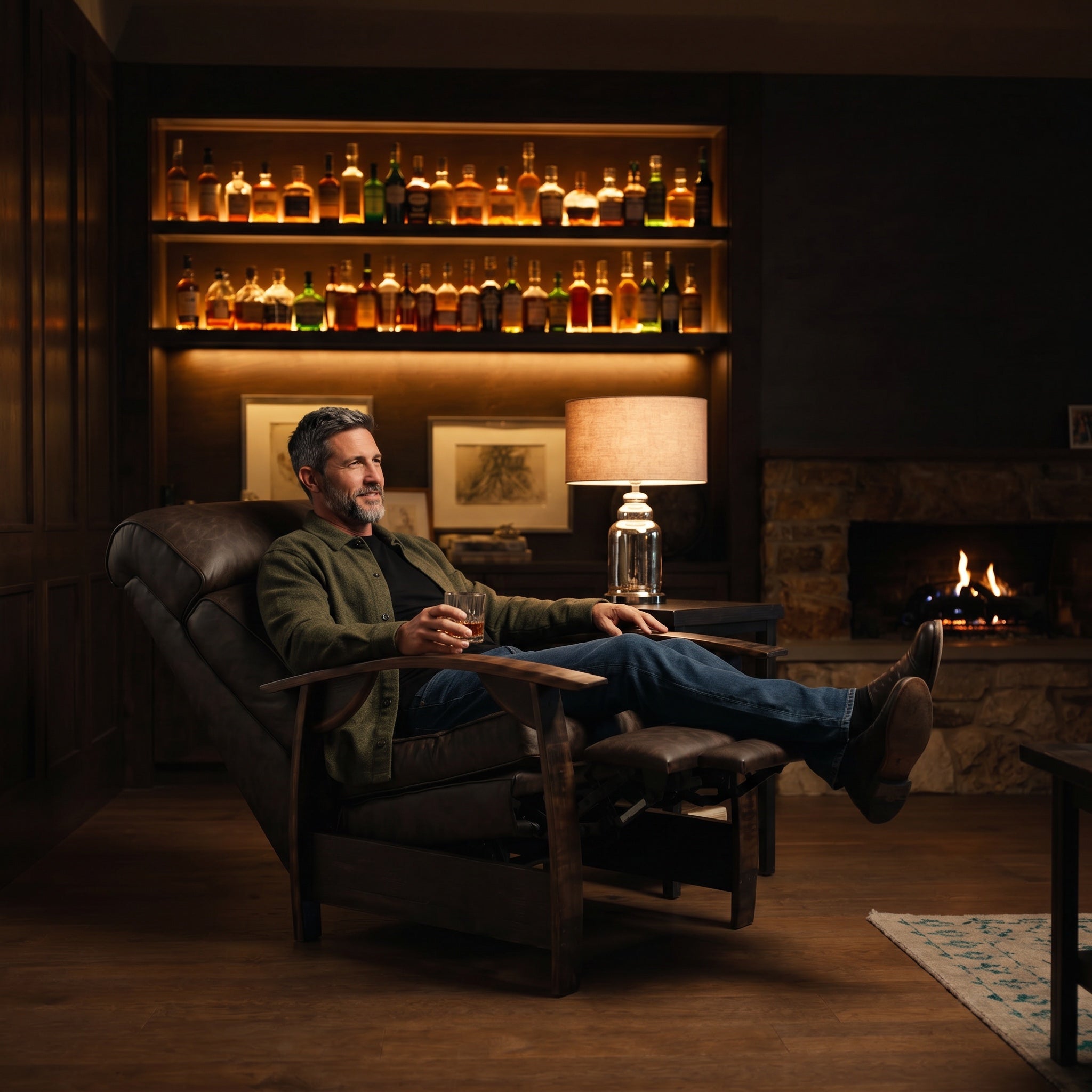 Man relaxing in a cognac brown leather whiskey barrel recliner in a home whiskey den