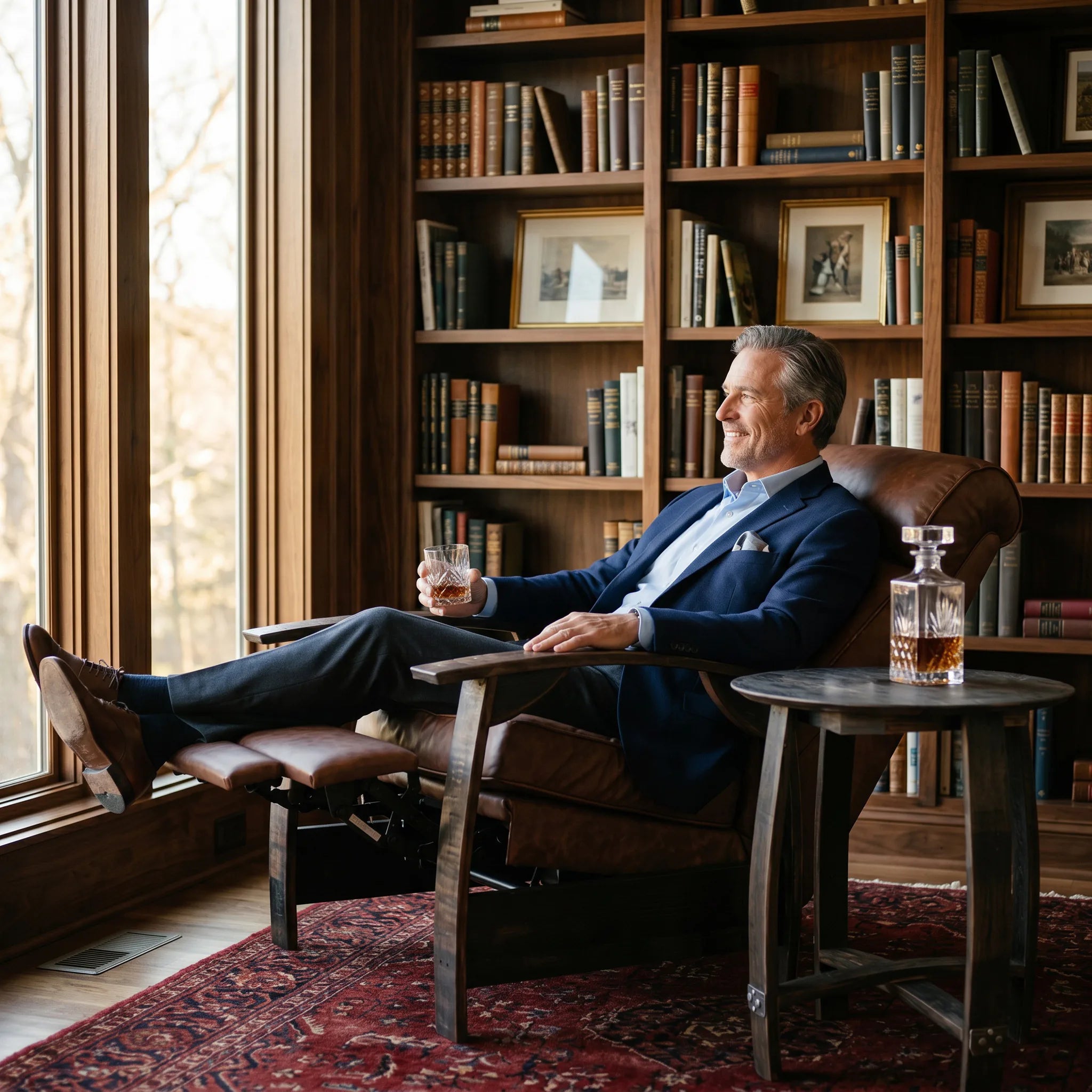 Man relaxing in a whiskey-brown leather whiskey barrel recliner in a wood-panelled study