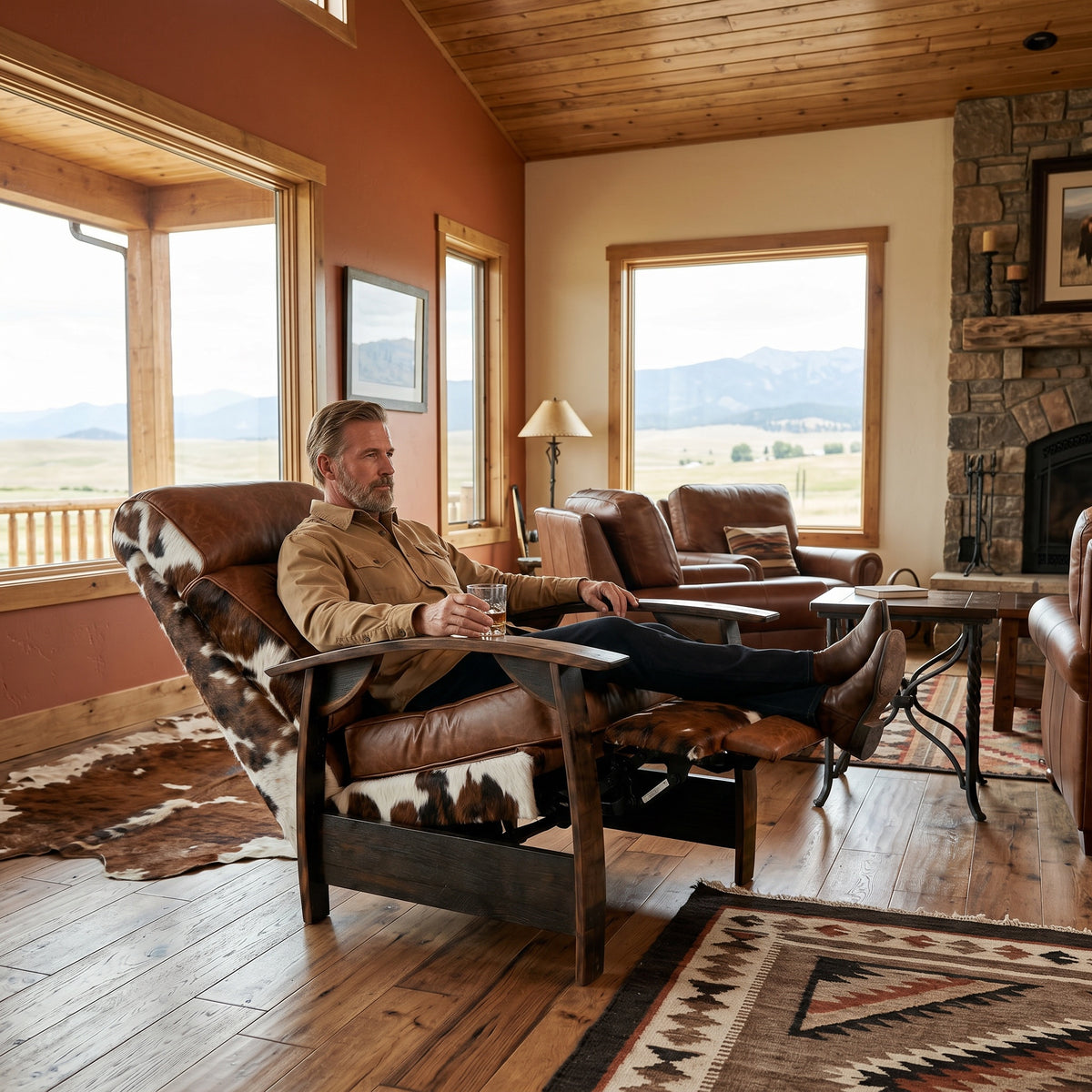 Man relaxing in a tri-color cowhide whiskey barrel recliner in a western ranch living room