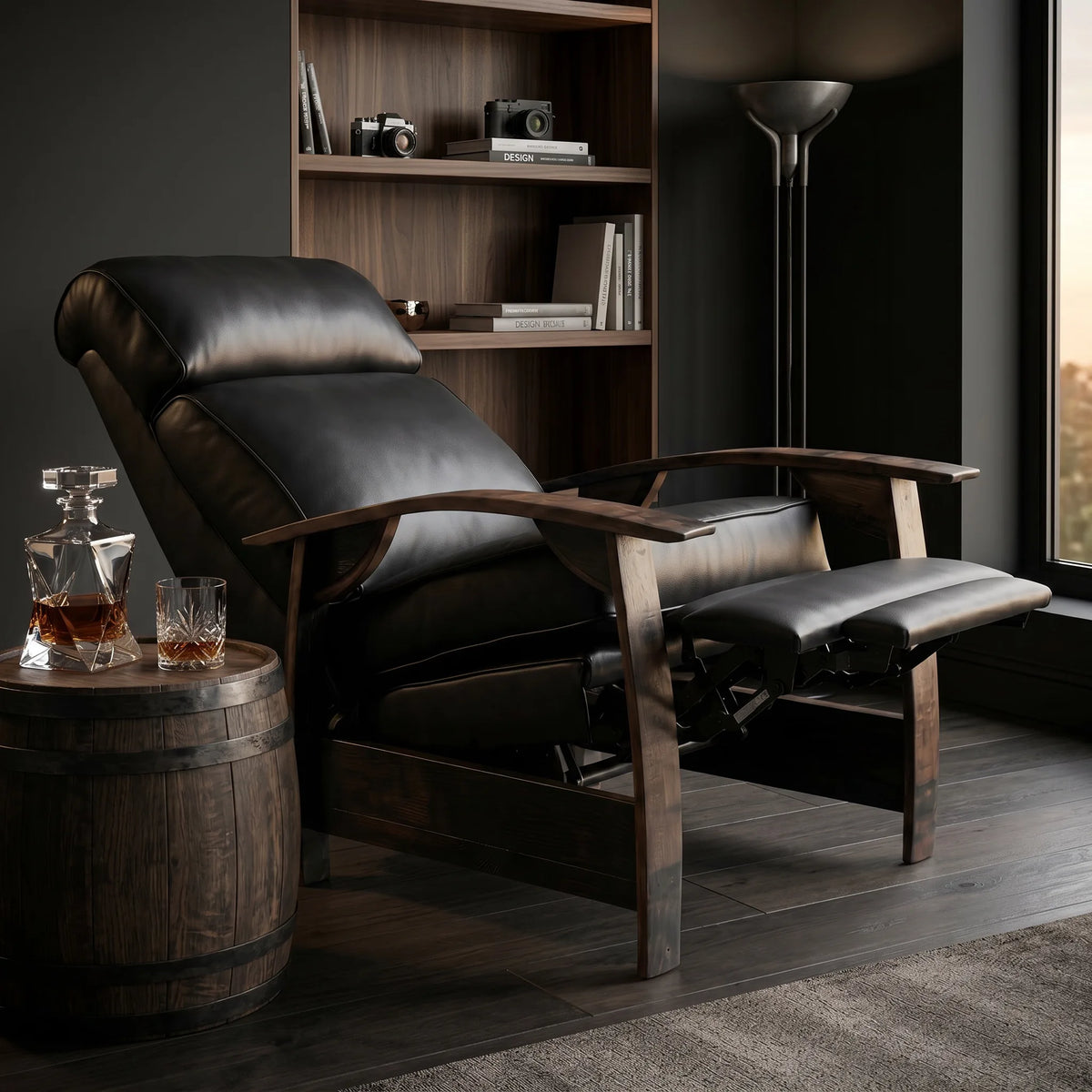 Black leather whiskey barrel recliner detail shot in a dark modern lounge