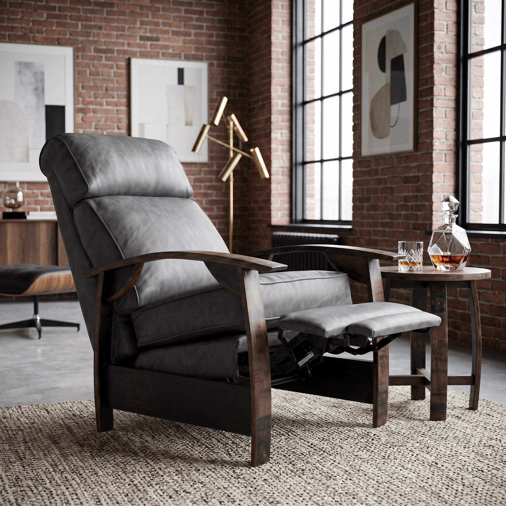 Slate gray leather whiskey barrel recliner detail shot in an industrial loft living room