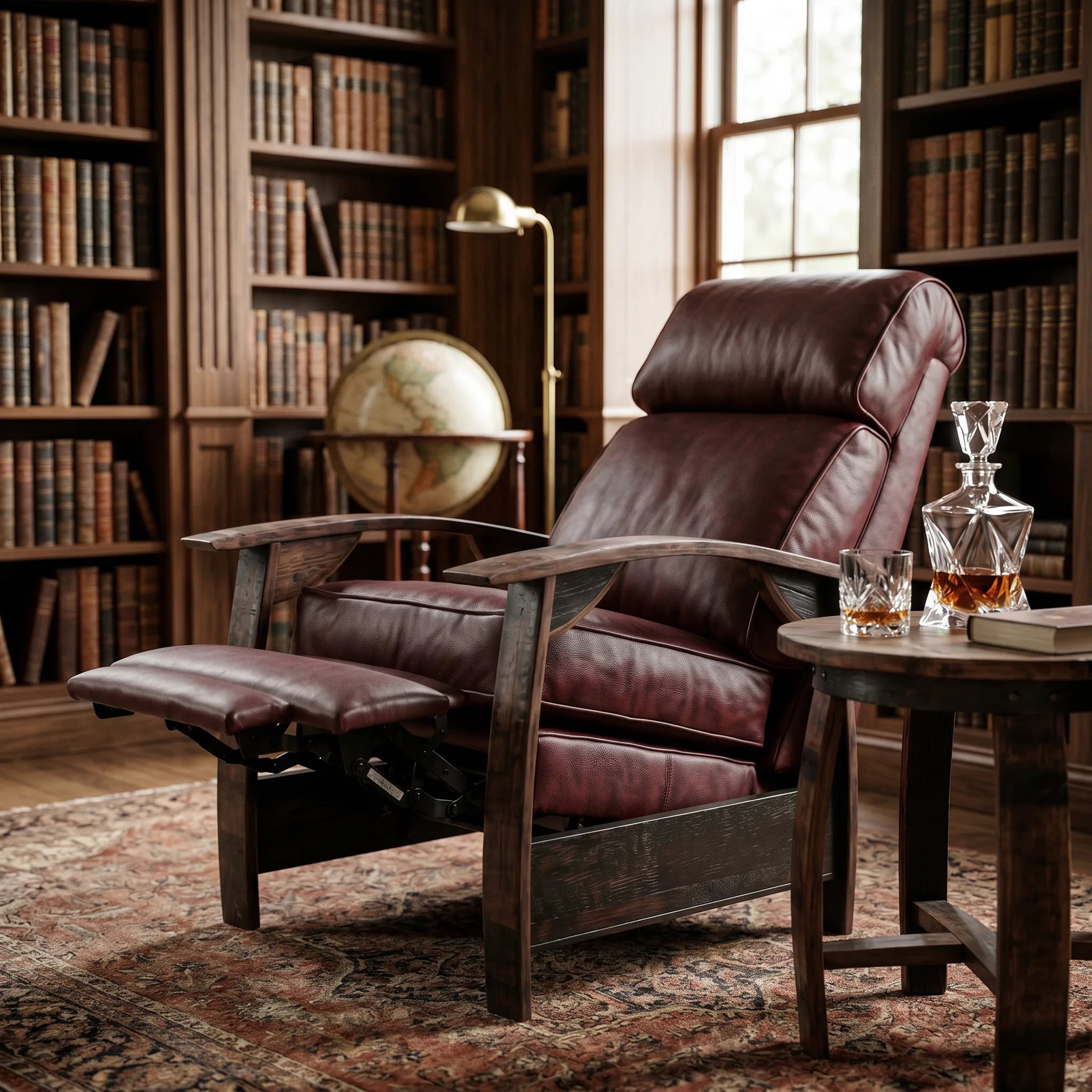 Oxblood leather whiskey barrel recliner detail shot in a wood-panelled library