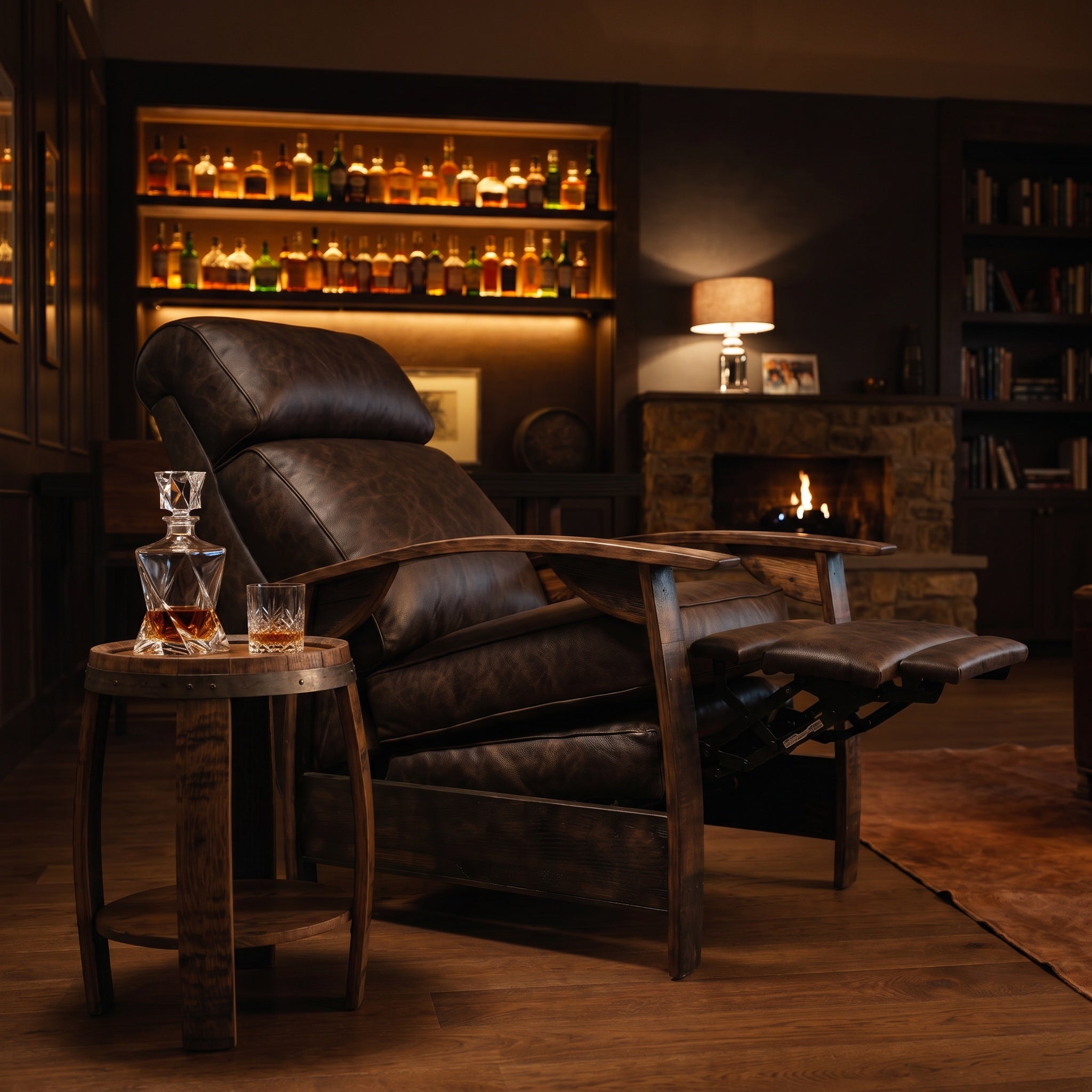 Cognac brown leather whiskey barrel recliner detail shot in a home whiskey den