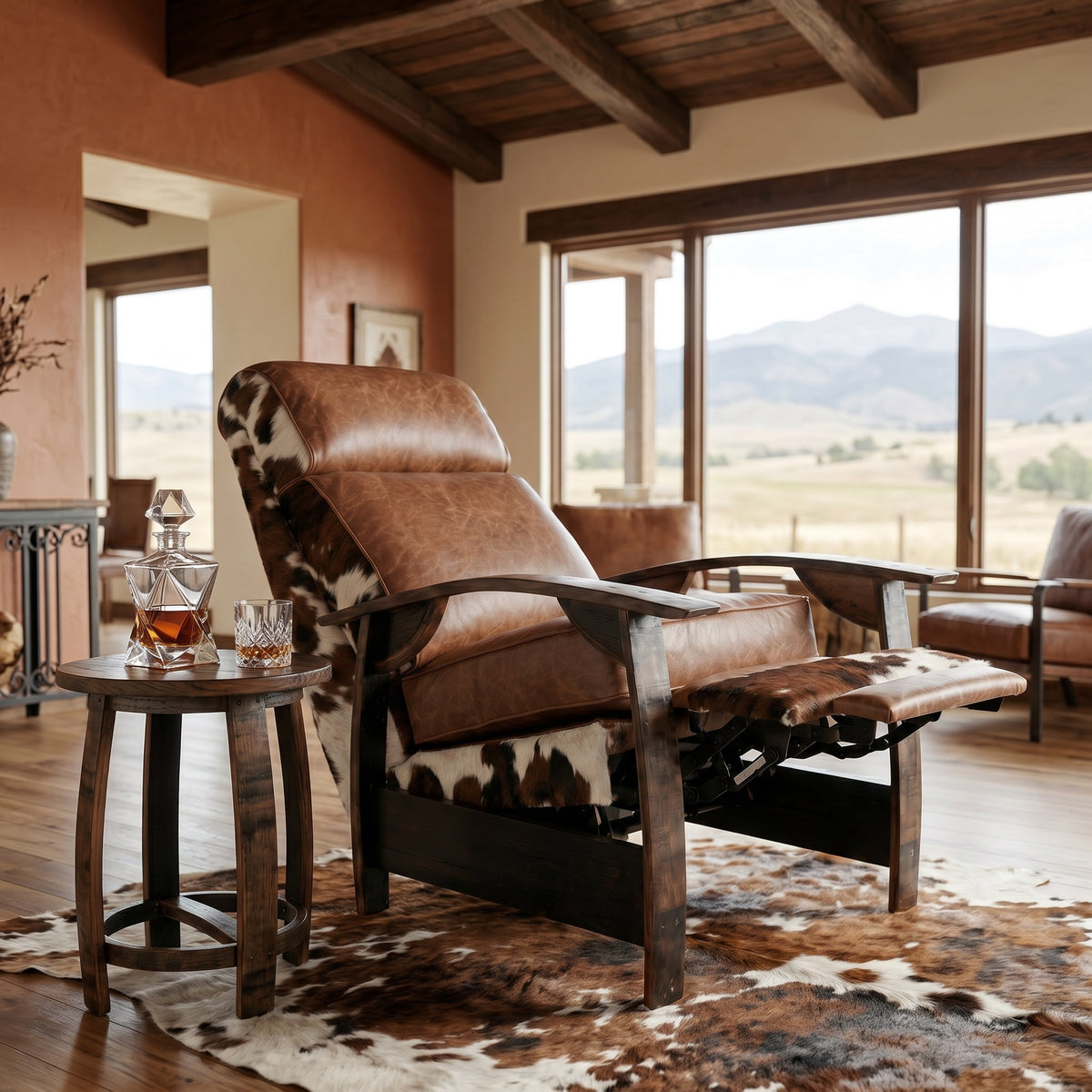 Tri-color cowhide whiskey barrel recliner detail shot in a western ranch living room