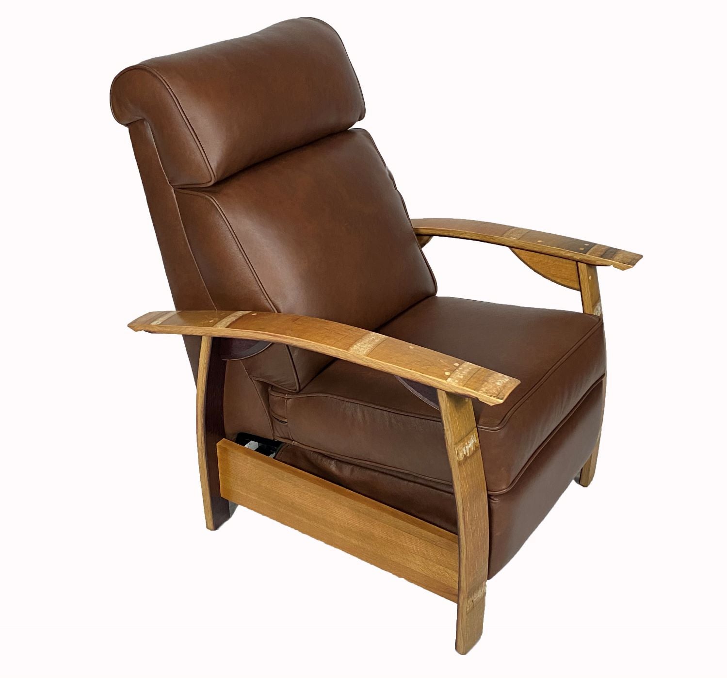 Brown high back recliner chair with wooden armrests