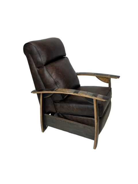 Whiskey Barrel recliner chair for cozy comfort.