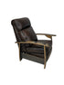 A brown barrel recliners with wooden frame