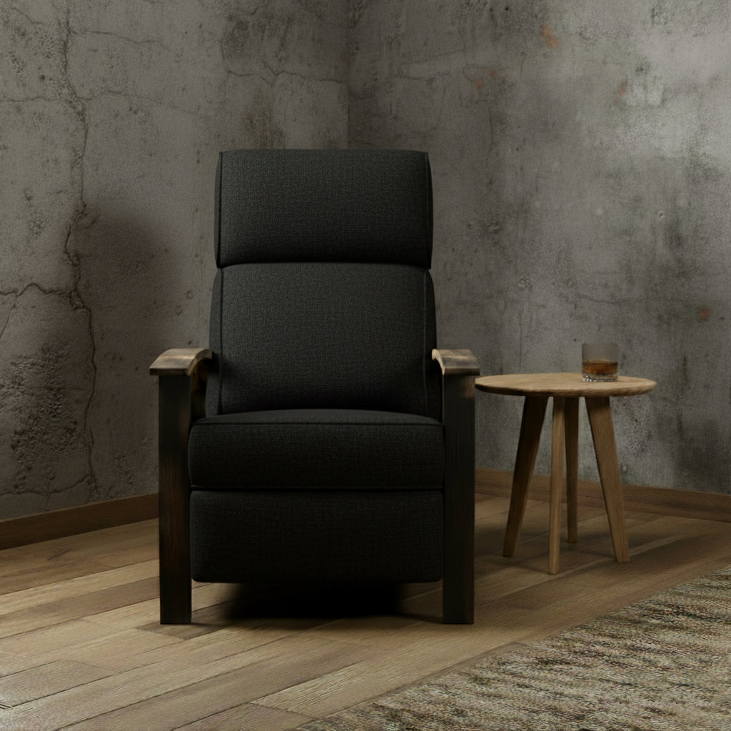 Whiskey Barrel Recliner -Black Plush Fabric