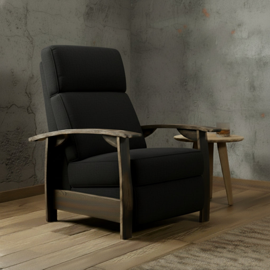 Whiskey Barrel Recliner -Black Plush Fabric