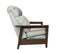 Side view of a light gray Mid Century Modern Recliner with a wooden frame.