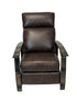 Brown recliner barrel chair with rustic wooden arms