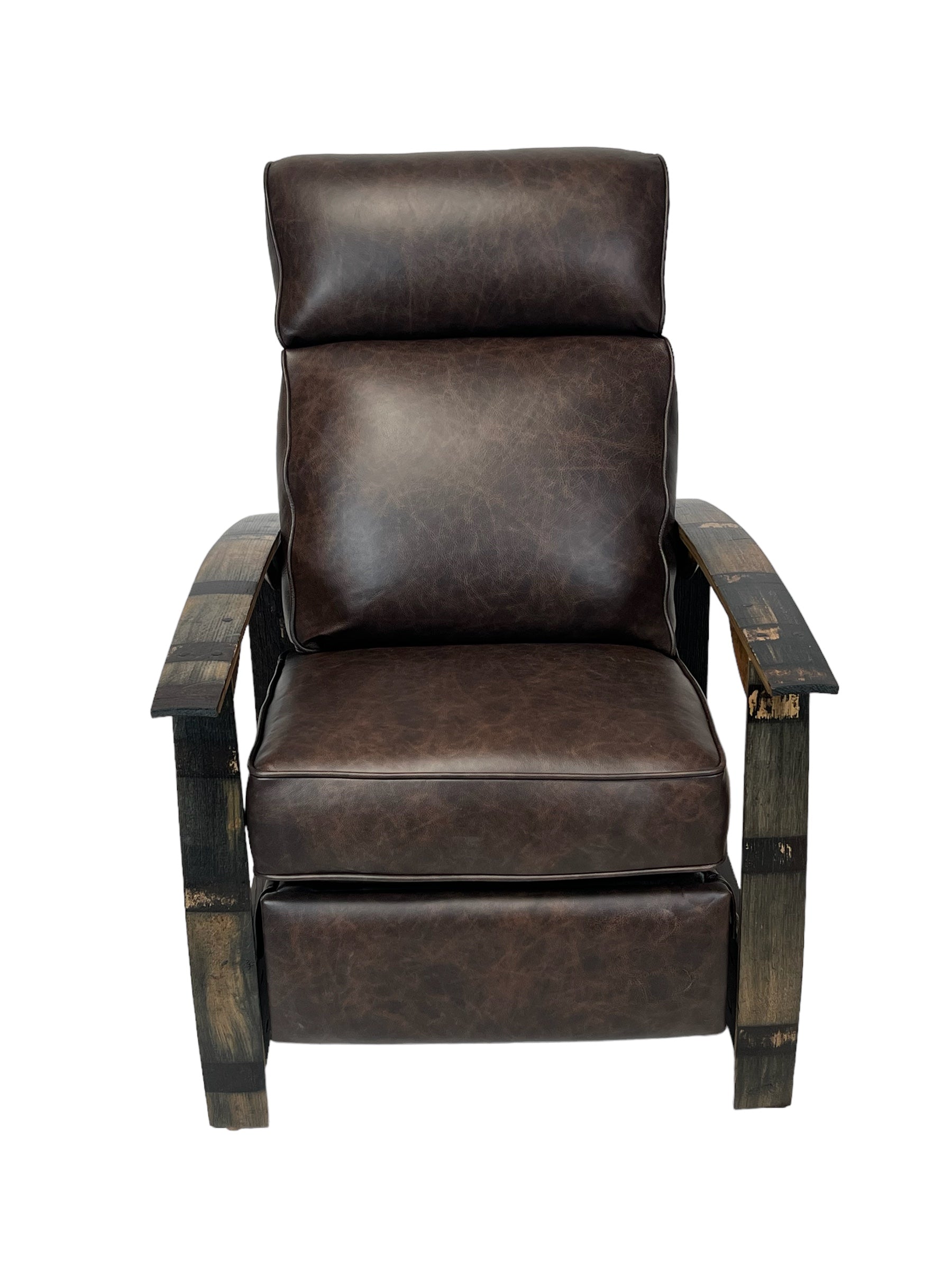 Brown recliner barrel chair with rustic wooden arms