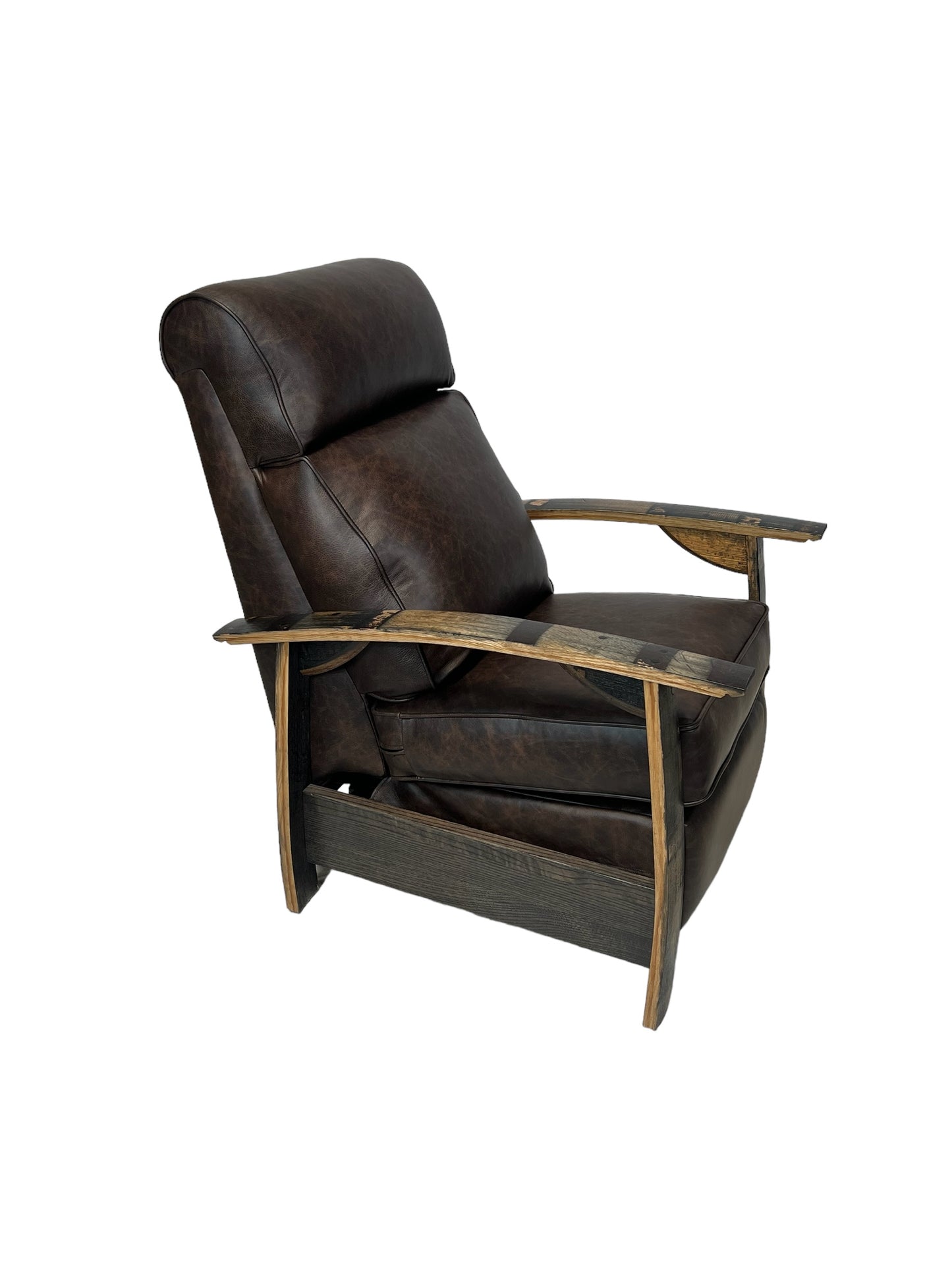 Brown recliner barrel chair with wooden armrests