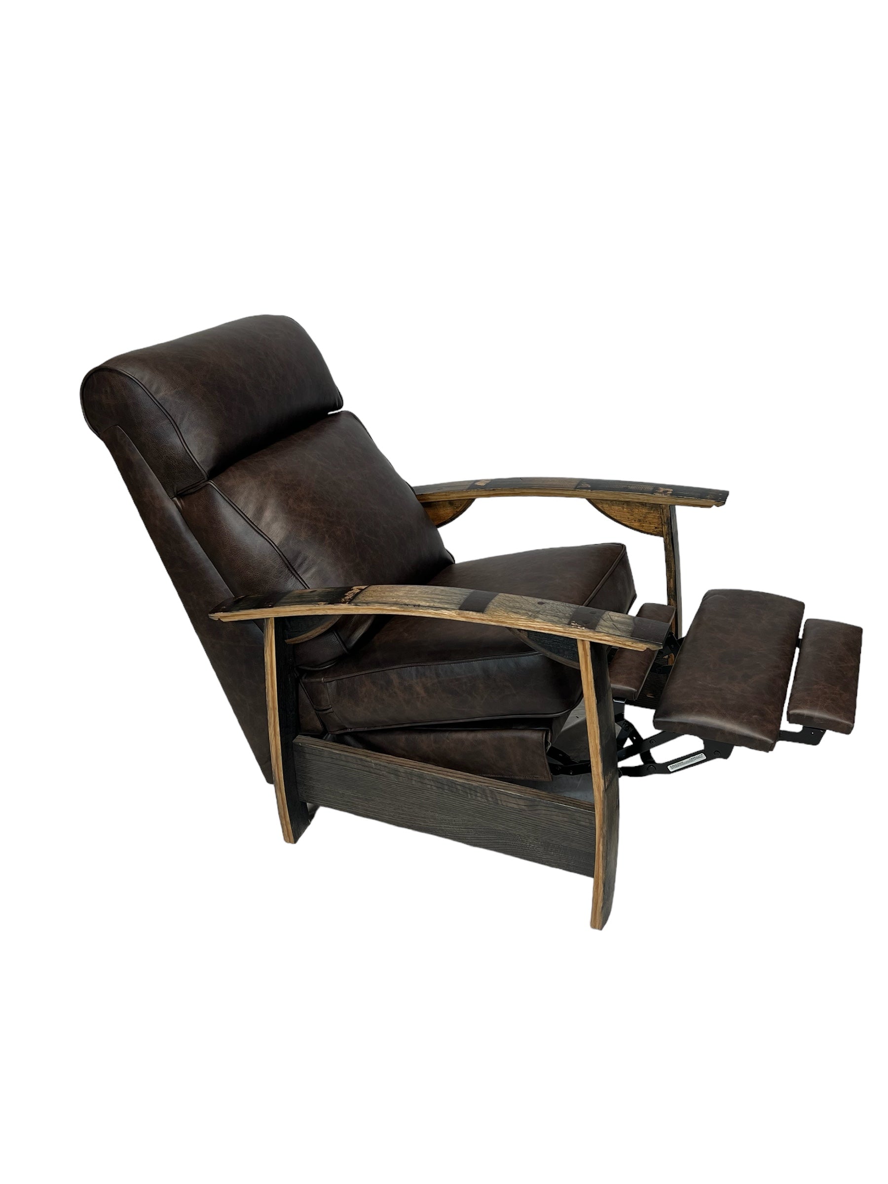 Brown leather barrel recliners with extended footrest