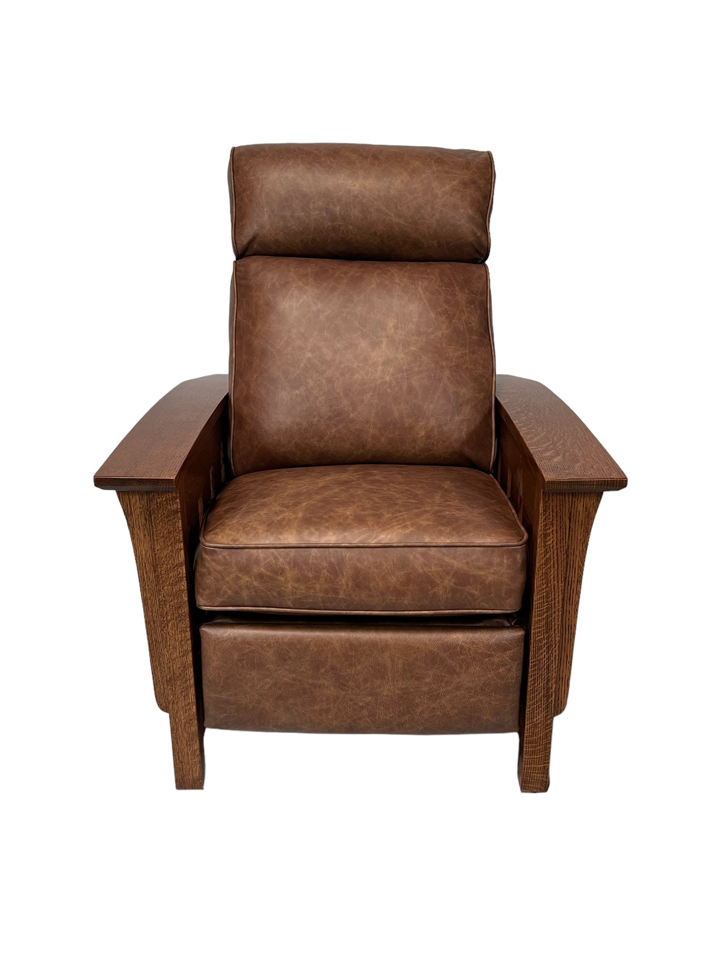 Brown arts and crafts recliner with wooden armrests