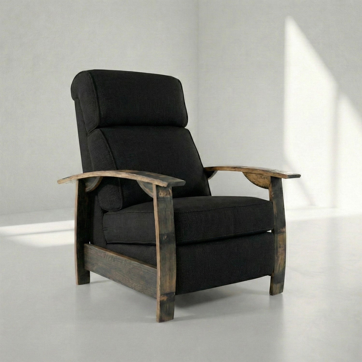 Whiskey Barrel Recliner -Black Plush Fabric